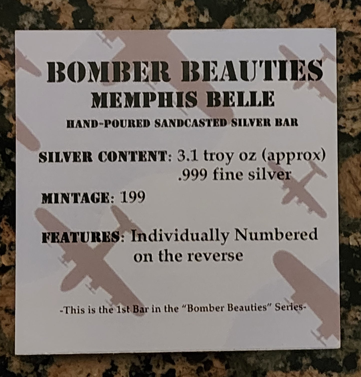 Bomber Beauties Memphis Belle Sexy Hand Poured Sandcasted .999 Silver 3.1 Troy Oz