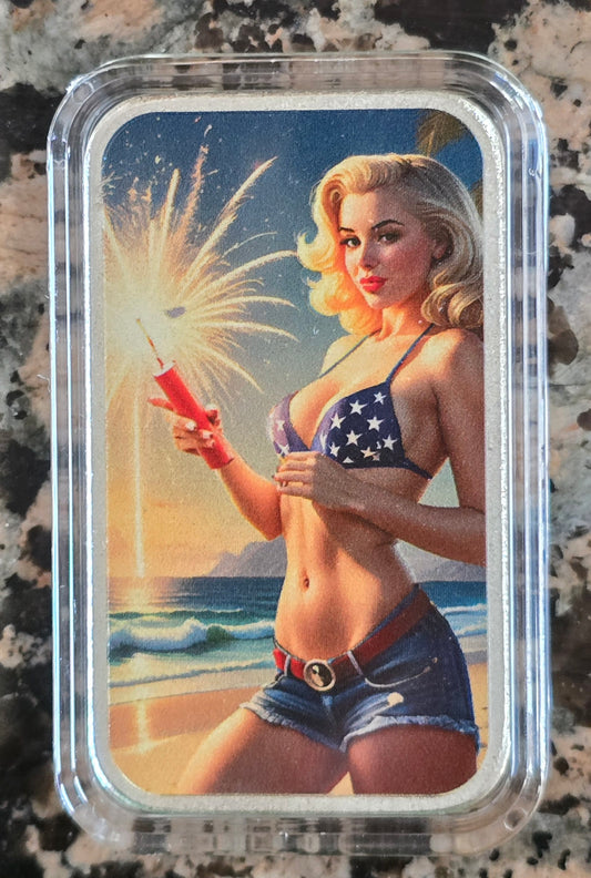 Sexy 4th of July MILF Man I Like Fireworks 1 Oz .999 Silver Art Bar 499 Mintage w/COA