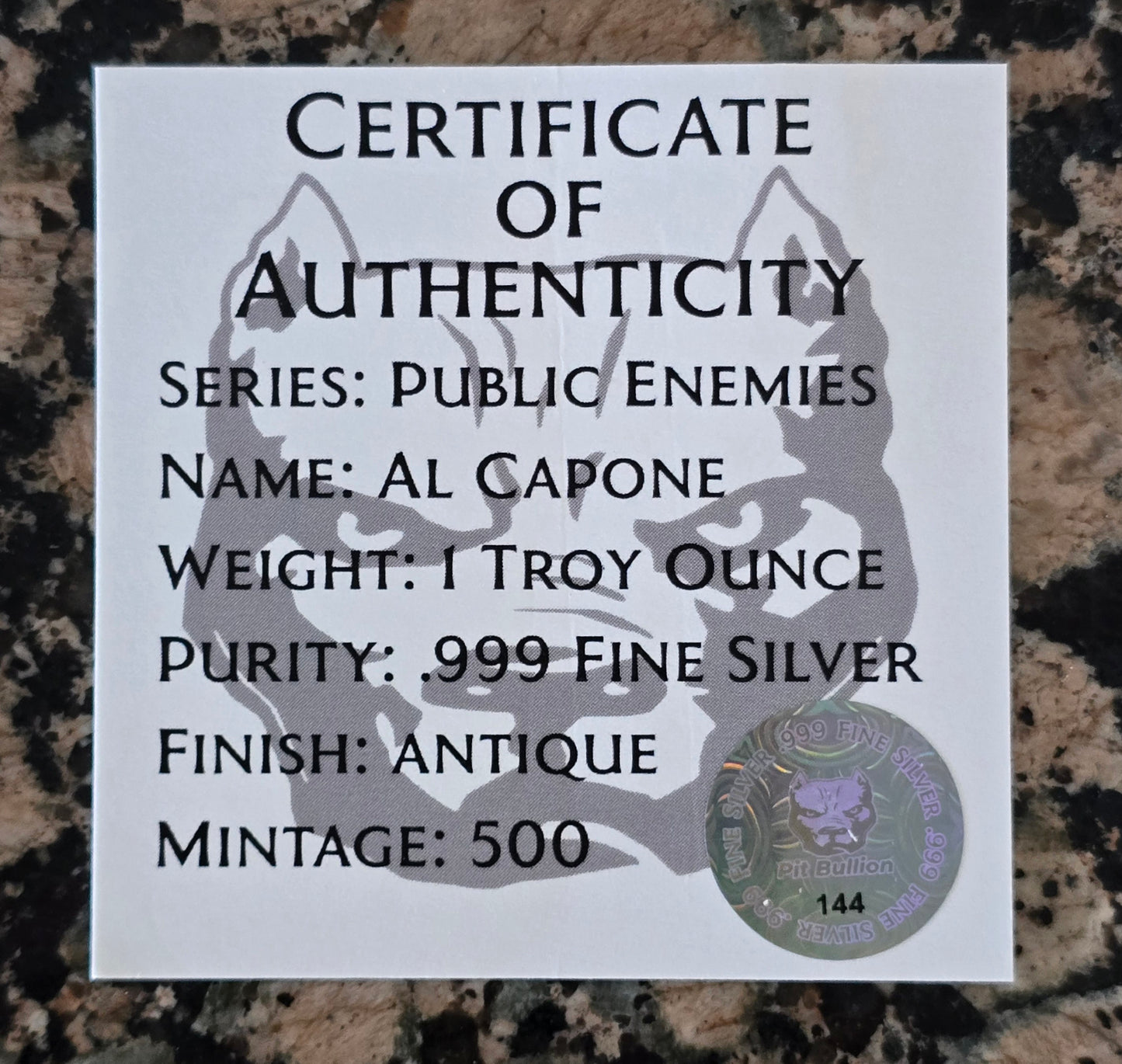 Al Capone Public Enemies 1 Oz .999 Silver Art Bar 500 Minted w/COA