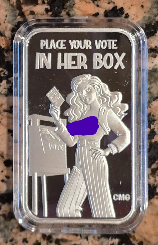 2024 Sexy Place Your Vote In Her Box 1 Oz .999 CMG Mint Silver Art Bar Rare 150 Mintage w/ COA