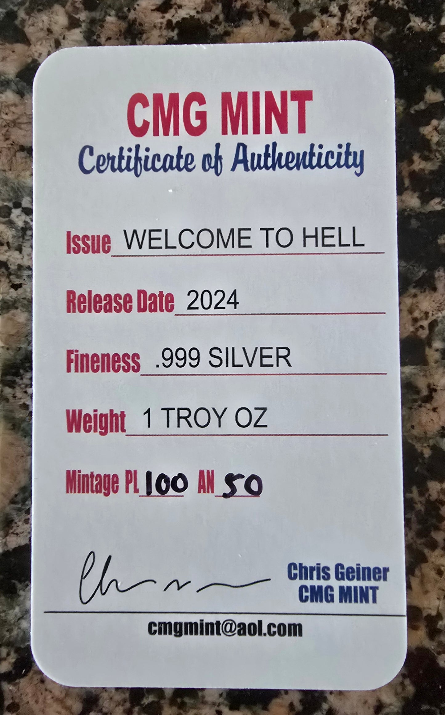 2024 'Welcome To Hell' 1 Oz CMG Mint .999 Fine Silver Rare Art Bar w/ COA