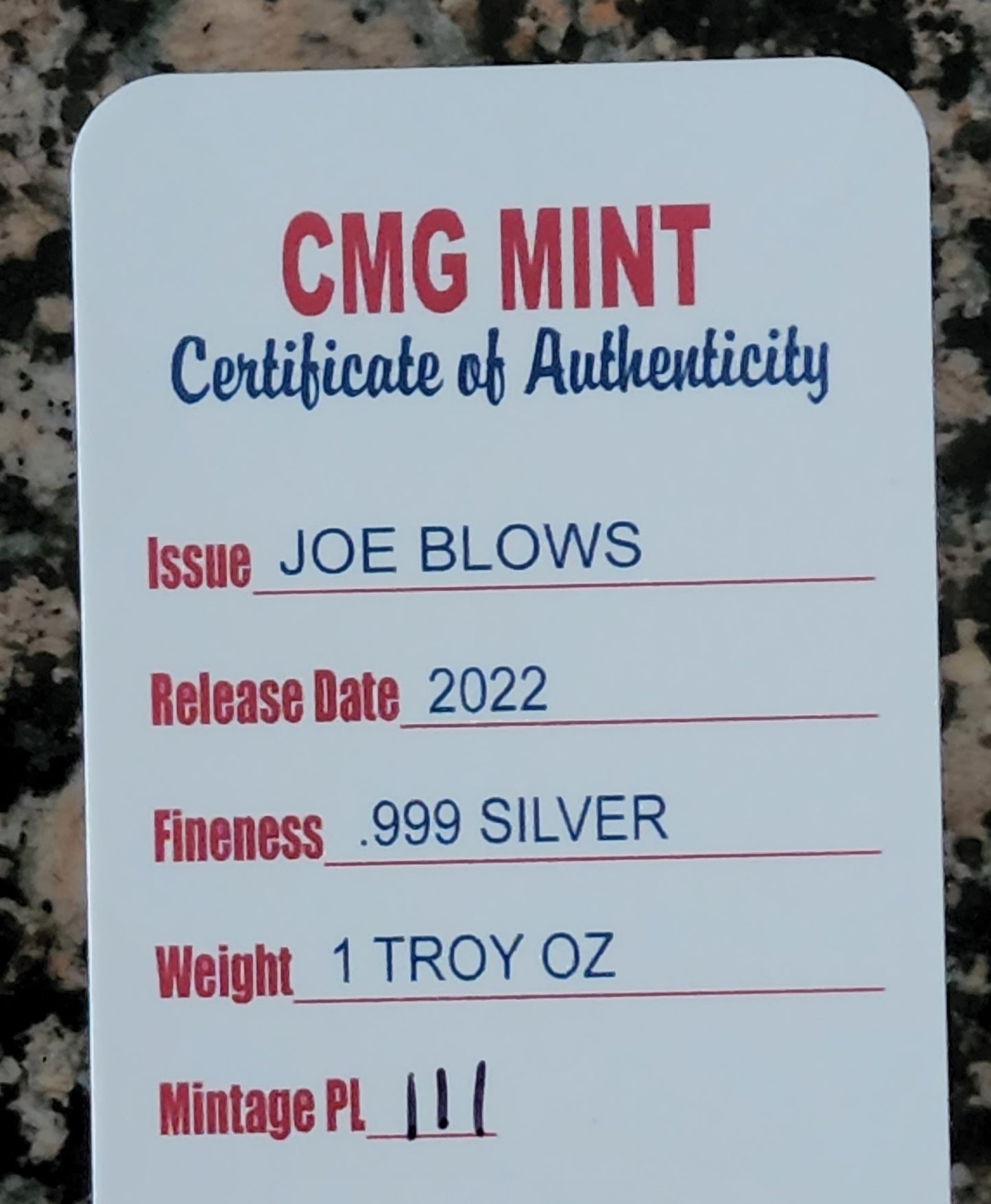 2022 Joe Blows Inflation 1 Oz .999 Silver Art Bar by CMG Mint w/ COA