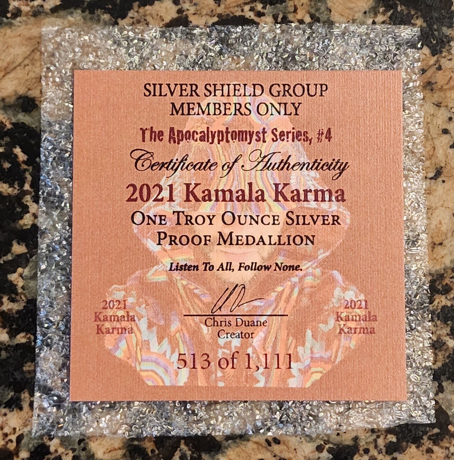 2021 SILVER SHIELD Kamala Karma Harris Word Salad .999 Silver Proof Round w/COA