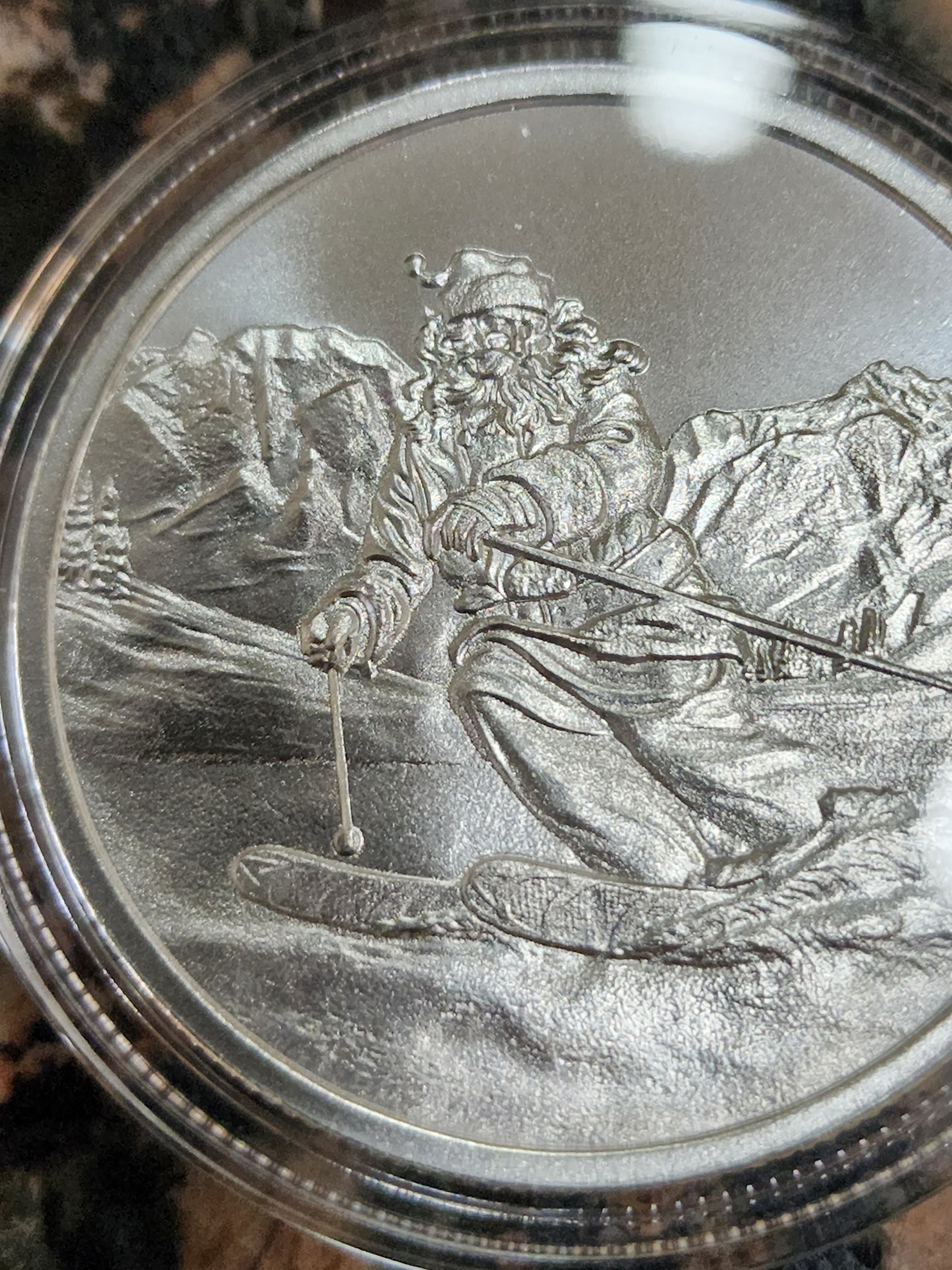 Skiing Santa Merry Christmas 2022 1 Oz. Fine Silver Round .999 BU w/ Protective Capsule