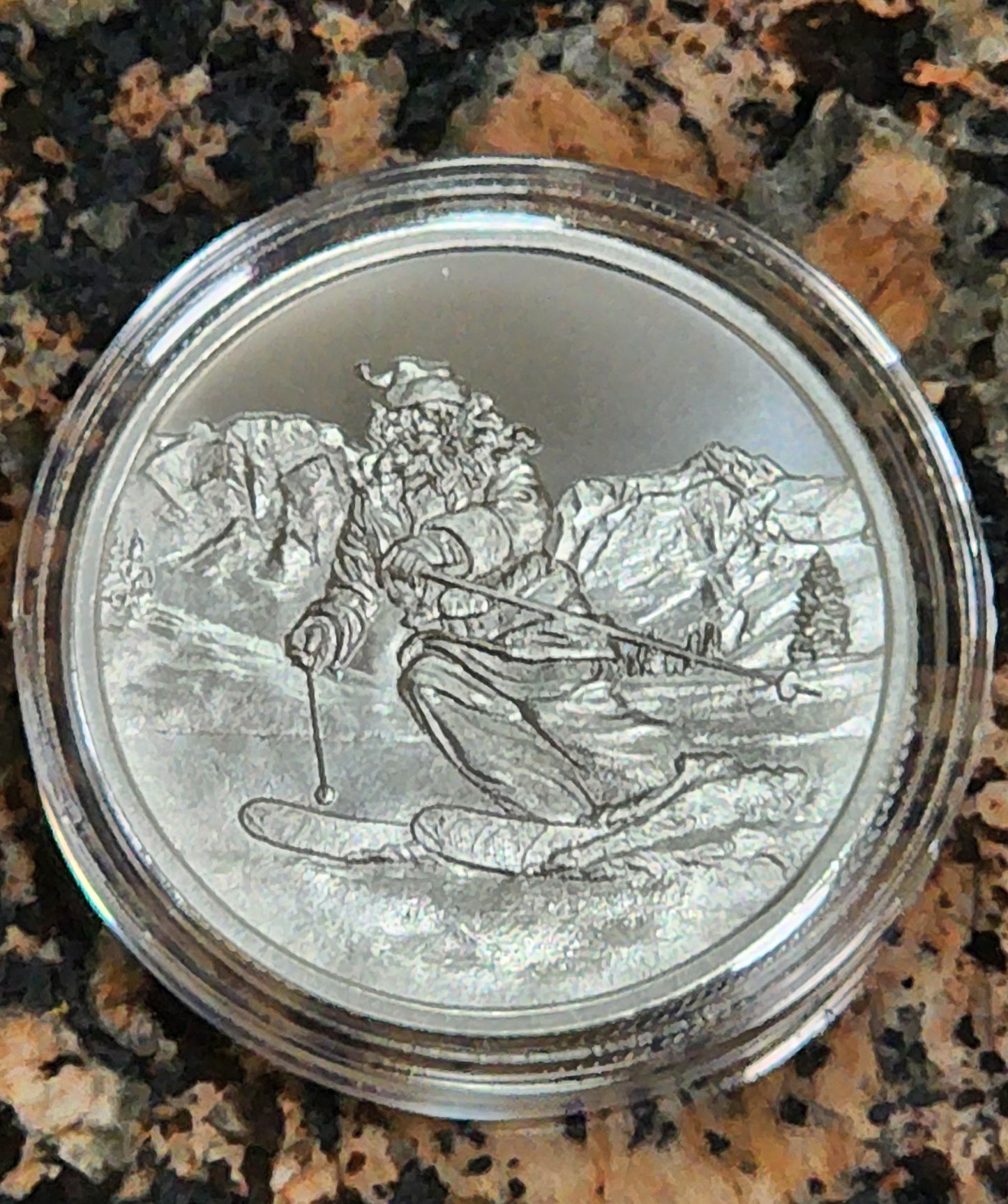 Skiing Santa Merry Christmas 2022 1 Oz. Fine Silver Round .999 BU w/ Protective Capsule