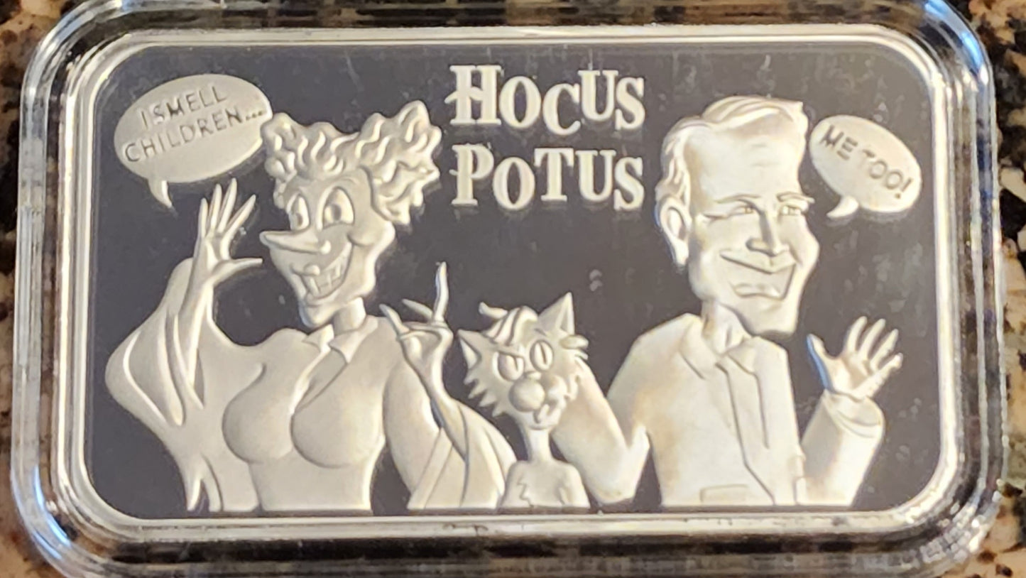 Biden Hocus POTUS 1 Oz .999 Silver Art Bar 230 Minted w/ Protective Case