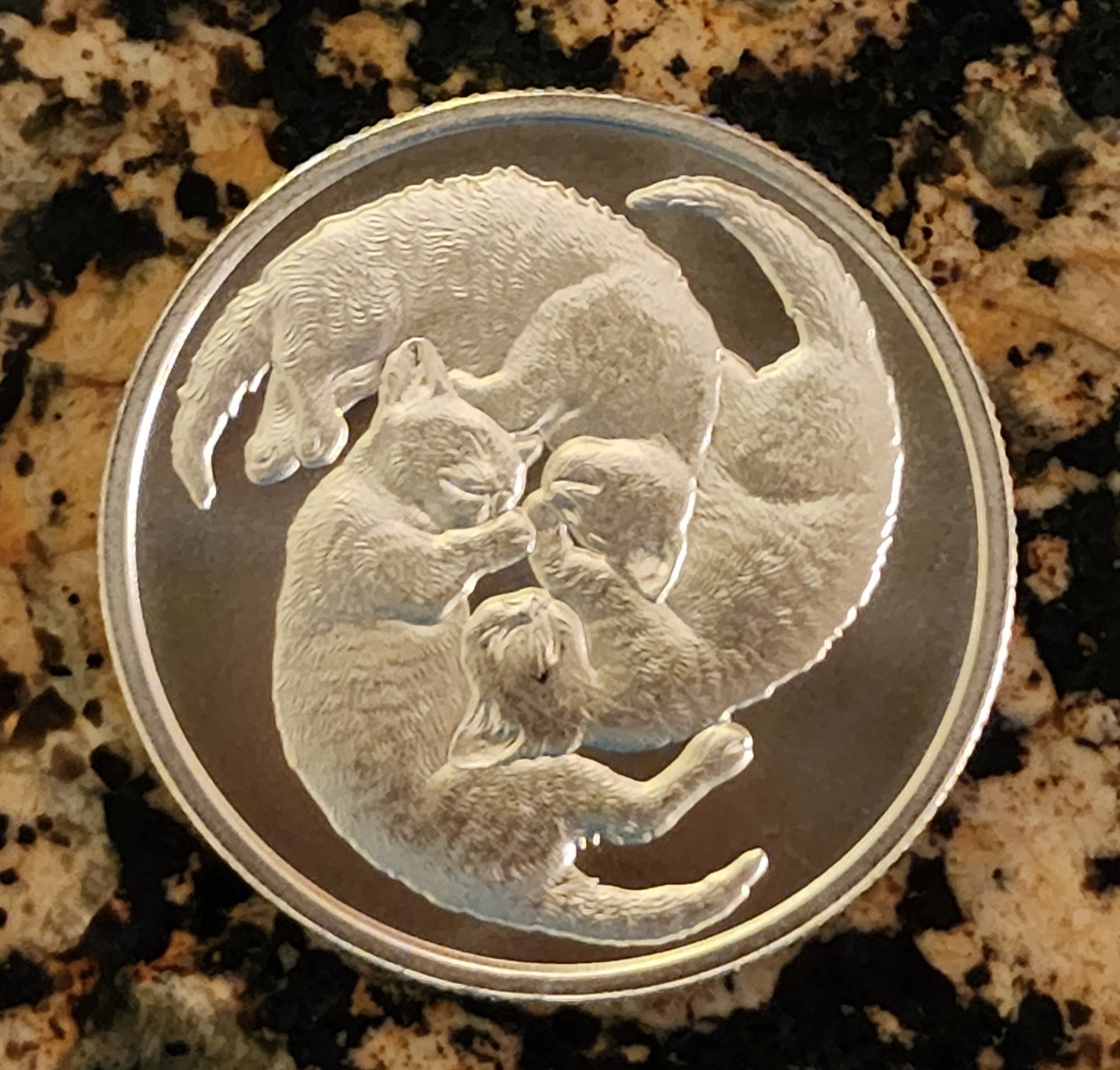 Three Sleeping Cats 1 Troy Ounce .999 Fine Silver BU Round w/Protective Capsule