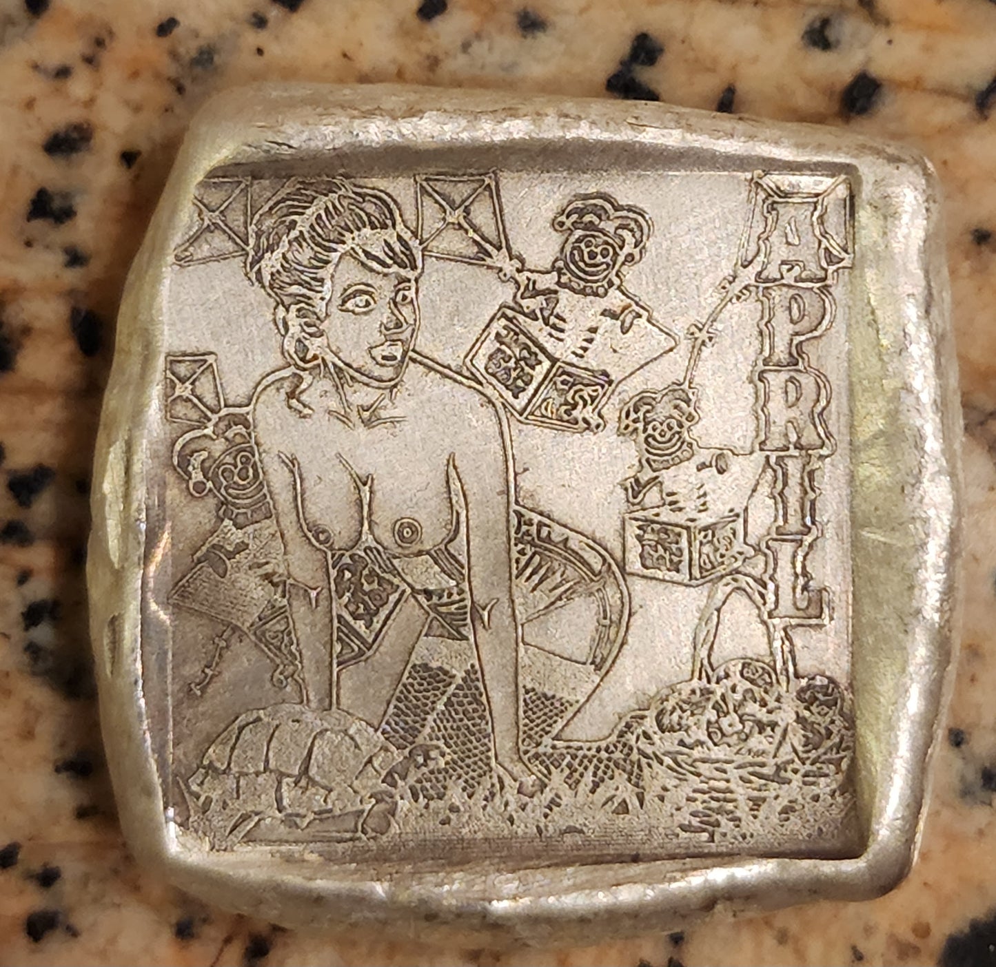 MK BARZ SEXY PIN UP GIRL - APRIL SQUARE 1OZT .999 FINE SILVER