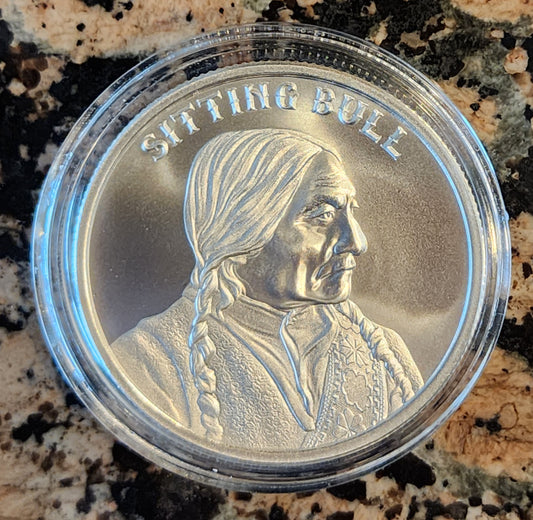 Sitting Bull Art Round 1 Troy Ounce .999 Fine Silver BU Round w/Protective Capsule