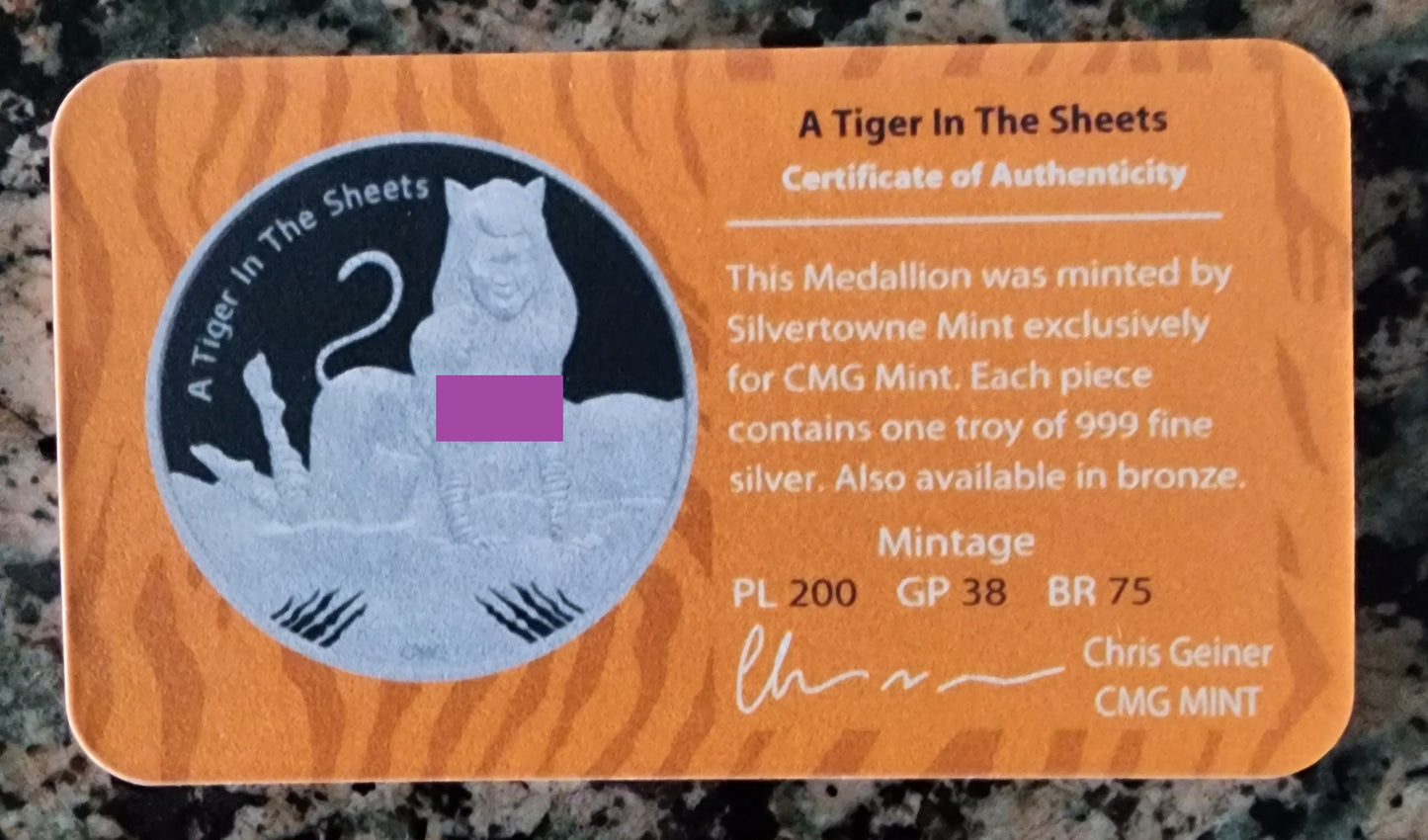 2023 Tiger in the Sheets Silver .999 1oz Round Limited Mintage of 200 with COA