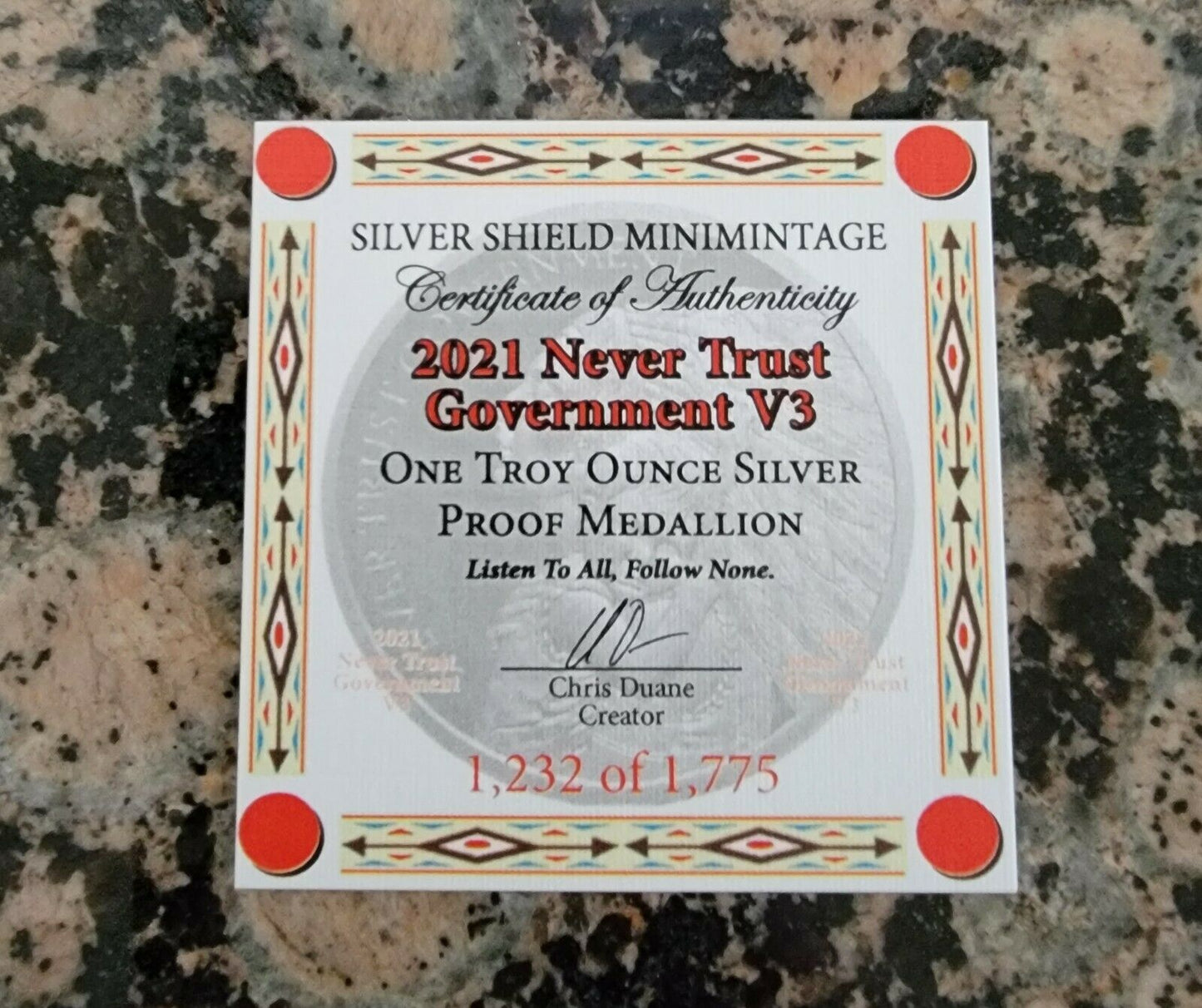 2021 SILVER SHIELD NEVER TRUST GOVERNMENT .999 Silver Proof Round w/COA